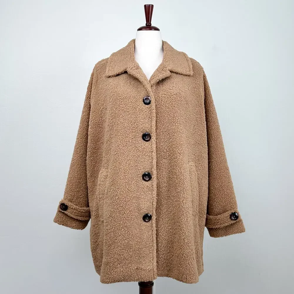 Draper's & Damon's 2X Tan Brown Soft Teddy Sherpa Button-Up Long Coat NWT